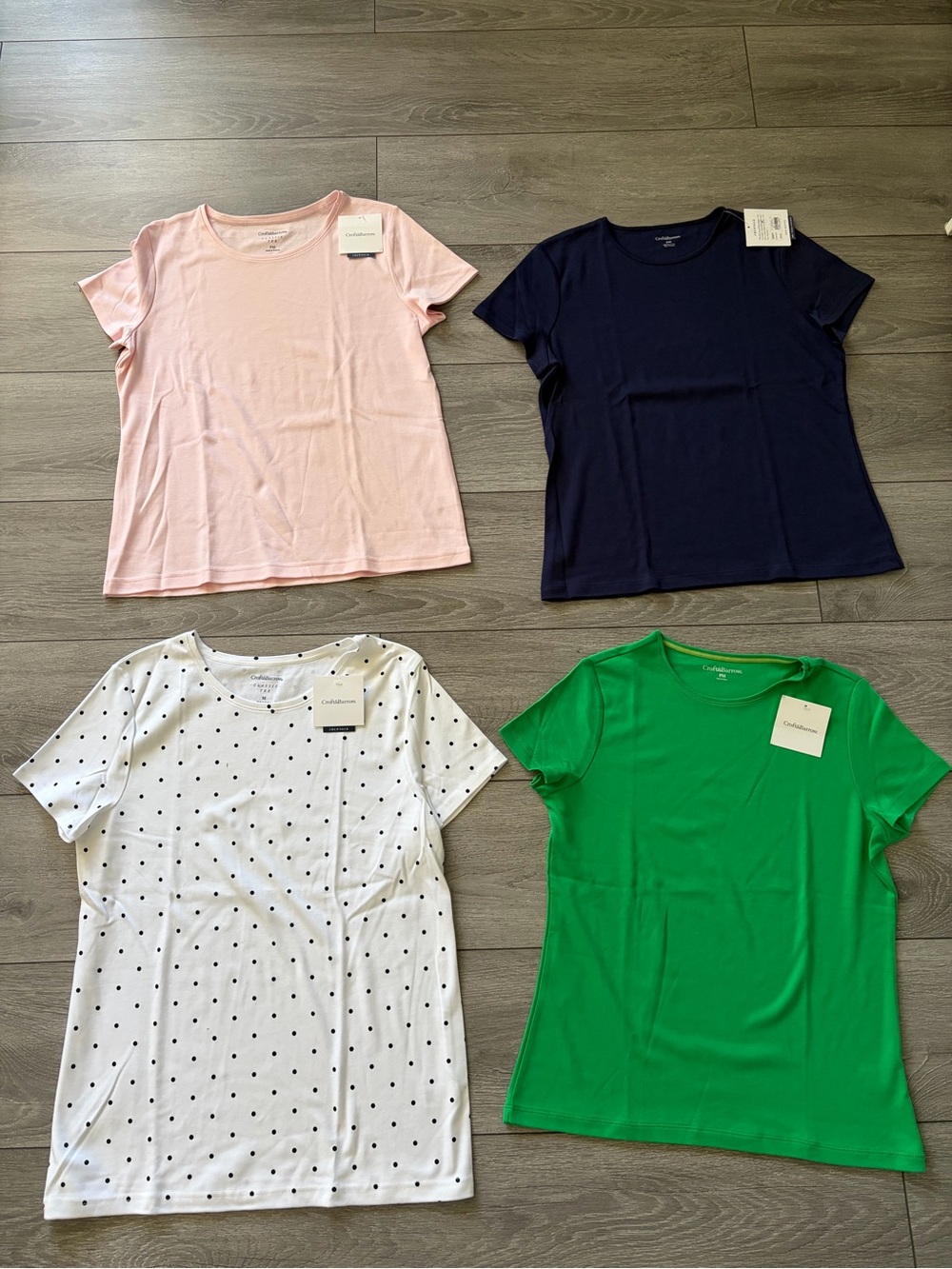 100 % cotton,Four-Pack Short Sleeve Tees — Pink, Navy, White Polka Dot, Green